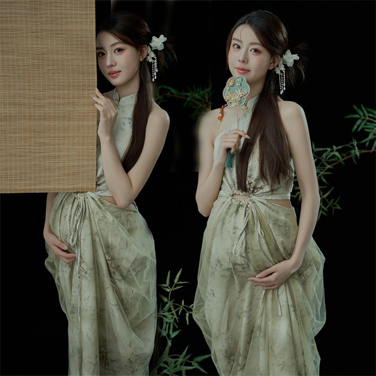 New Studio Maternity Photography Clothing, New Chinese-Style Zen Cheongsam, Fashionable and Artistic Photography Clothing for Pregnant Mothers with Big Belly