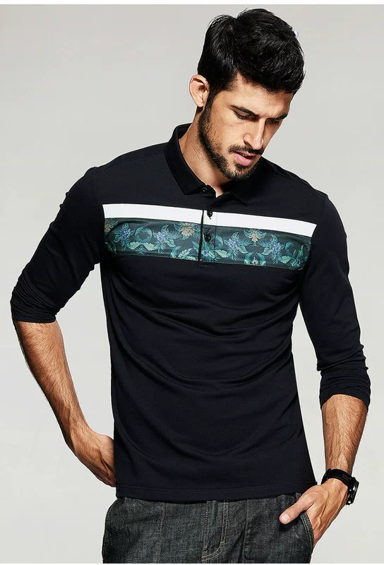 Thời trang nam Stitching Polo Áo sơ mi nam Lapel Slim Dài tay Paul Áo thun nam