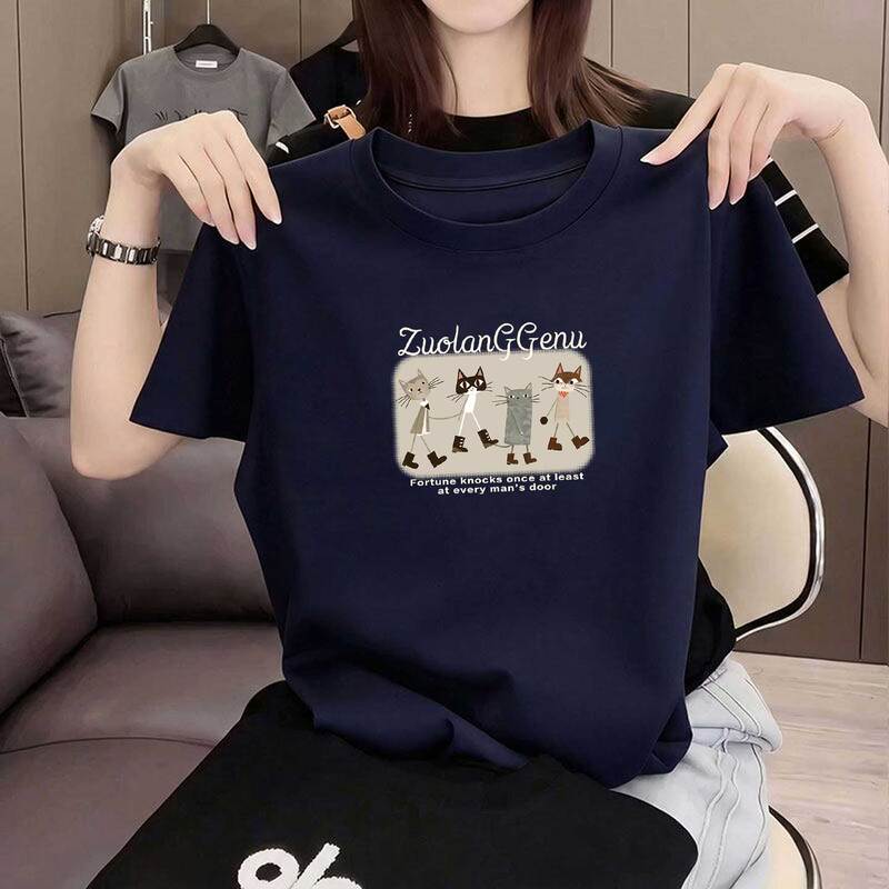 Navy Blue Straight-Shoulder Pure Cotton Short-Sleeve T-Shirt for Women, Summer Hot-Selling Cat Print Fashion Versatile Youthful Stylish Top