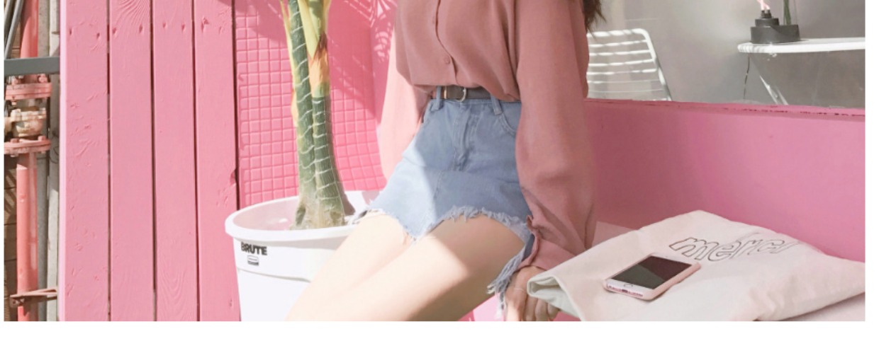 Mùa xuân 2019 lửng lười gió màu hồng rắn phù hợp với cổ áo v cổ dài tay áo sang trọng rò rỉ xương đòn áo voan nữ áo sơ mi kaki nữ tay dài