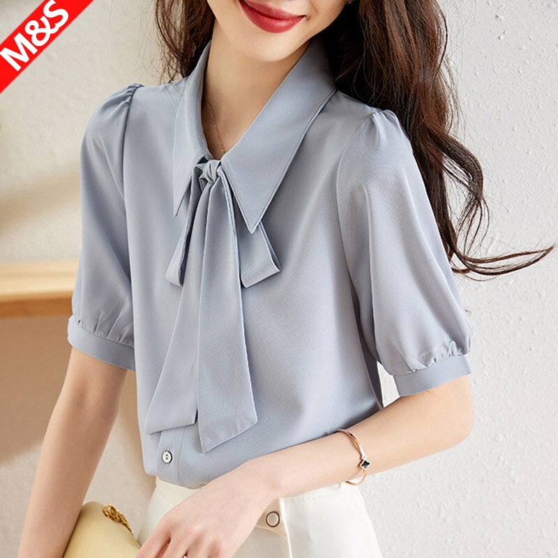 Haze Blue Chiffon Shirt for Women, High-End Wrinkle-Resistant Professional Shirt, Summer Short-Sleeved Niche Bow Tie Ribbon Top Haze Blue Chiffon Shirt for Women, High-End Wrinkle-Resistant Professional Shirt, Summer Short-Sleeved Niche Bow Tie Ribbon Top