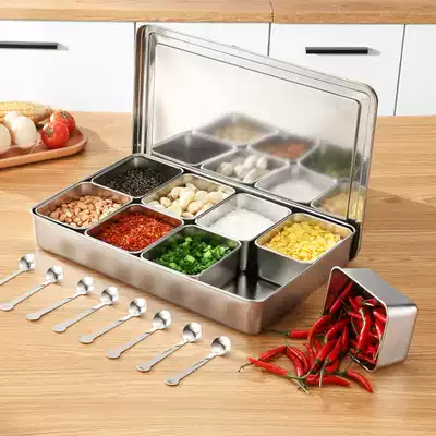 Commercial 304 stainless steel seasoning box stall ice powder ingredients flavor box combination set 8 grid seasoning storage box with lid