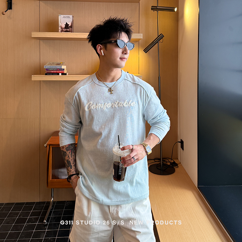 G311Studio: Imported Hemp-Feel Cotton Sun-Protective Letter-Embroidered Long-Sleeve T-Shirt/Soft, Skin-Friendly, Quick-Drying Air-Conditioning Shirt
