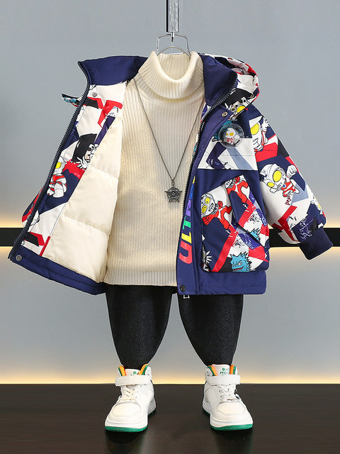 Ultraman down Jacket for Boys, Winter 2025 New Model, Light-Up White Duck down Children's Winter Clothing, Baby Warm Coat, Trendy