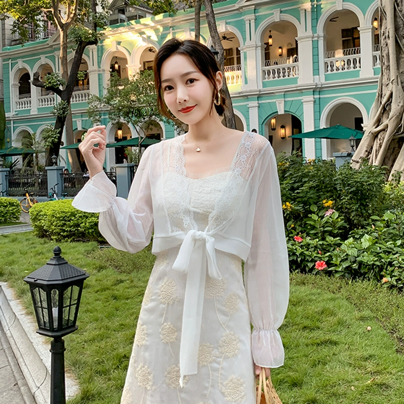 2020 mùa hè cổ tích sundress của phụ nữ ngắn ren nhỏ voan voan tươi với một chiếc khăn choàng mỏng - Áo sơ mi chiffon ren