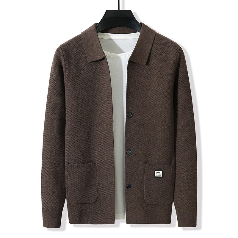 High-End Cardigan Sweater Men's Lapel Knitwear 2025 Autumn and Winter New Casual Diamond Jacquard Casual Top