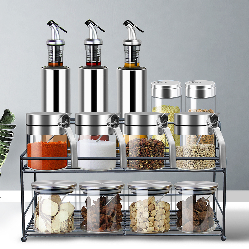 Fengshou glass seasoning bottle can oil bottle Household set with shelf Chicken essence salt pepper pepper jar seasoning box