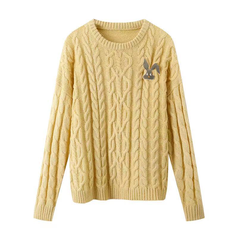 2024 Autumn/Winter Solid Color Versatile Fashion Slimming Round Neck Long Sleeve Wool Cable Knit Pullover Women's Sweater