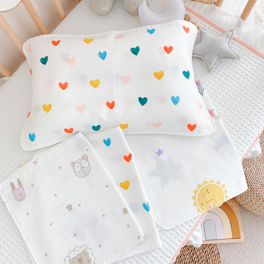 Children's pillow towel cotton gauze newborn baby cartoon sweat absorbent breathable kindergarten baby single pillow towel