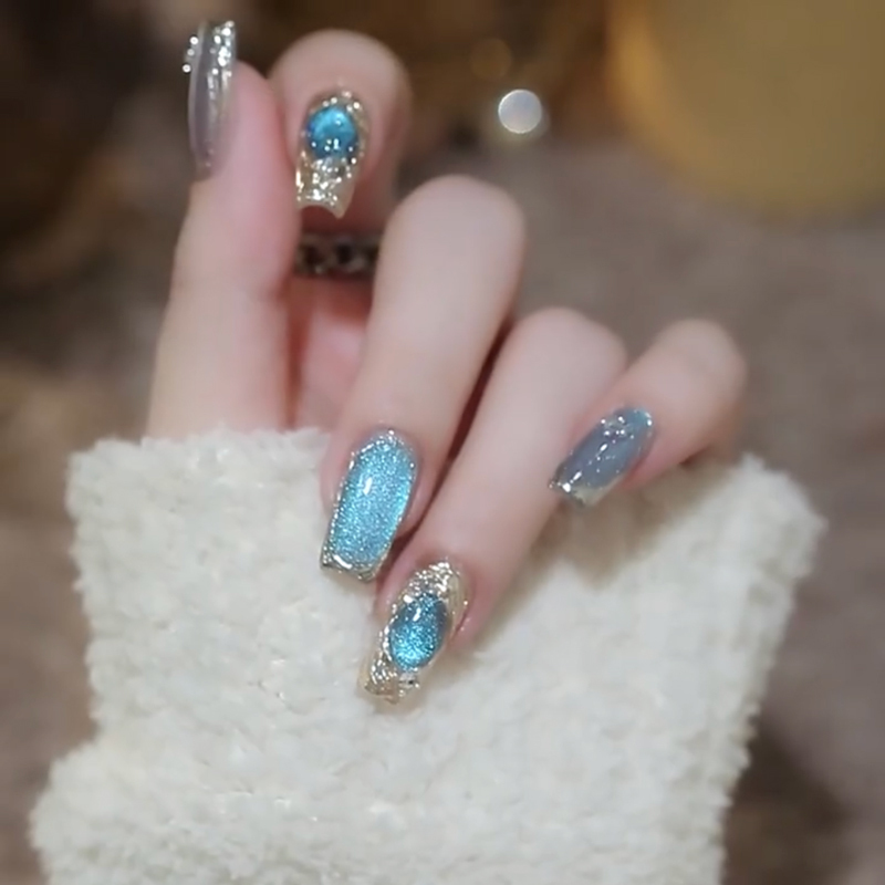 Blue Mermaid Mirror Crushed Diamond Cat Eye Buccellati Meillard High-End Short Ladder Style Handmade Press-On Nails