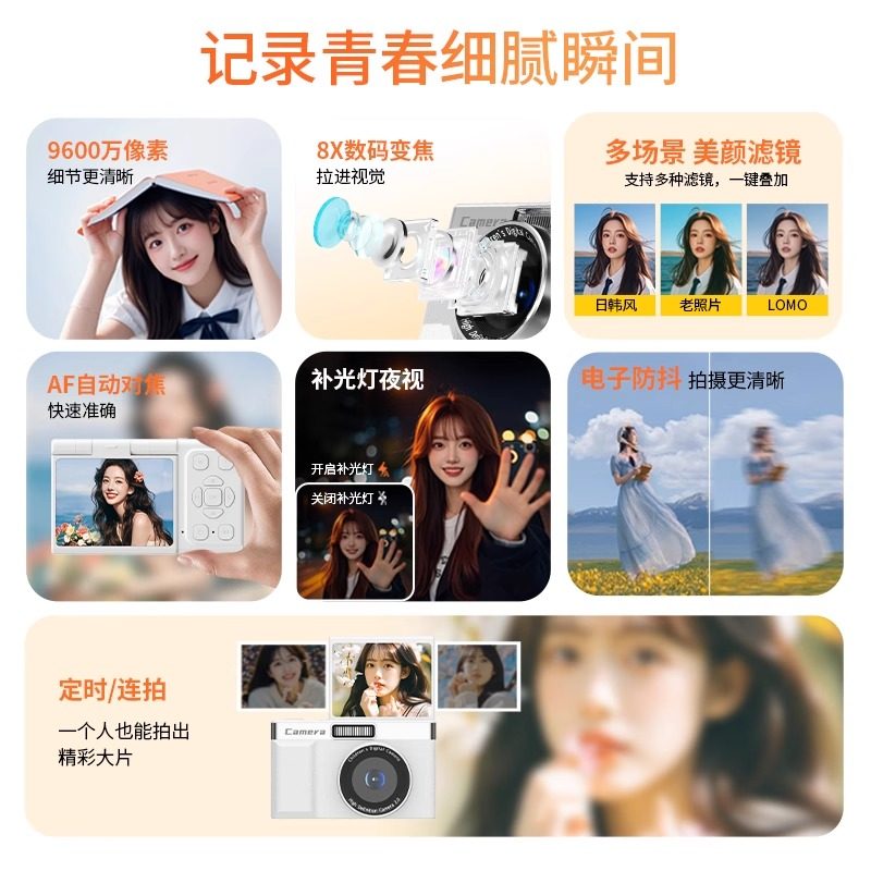 High-Definition Pixel Ccd Digital Camera with Flip-Up Selfie Function, 9600W, Portable Card Camera for Students, Campus Travel