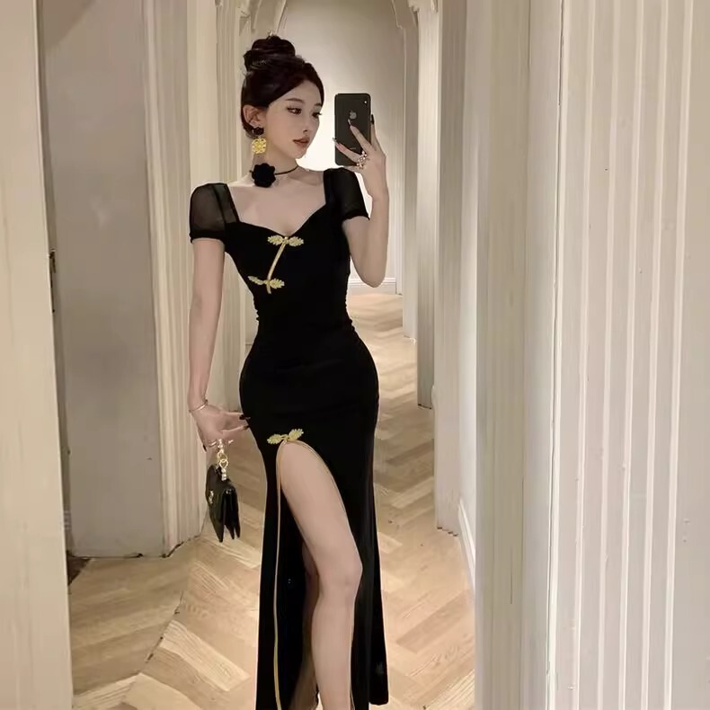 2025 Summer Plus Size Elegant Long Dress with Improved Cheongsam Design, Slit, Sexy, Slim Fit, Bodycon Dress