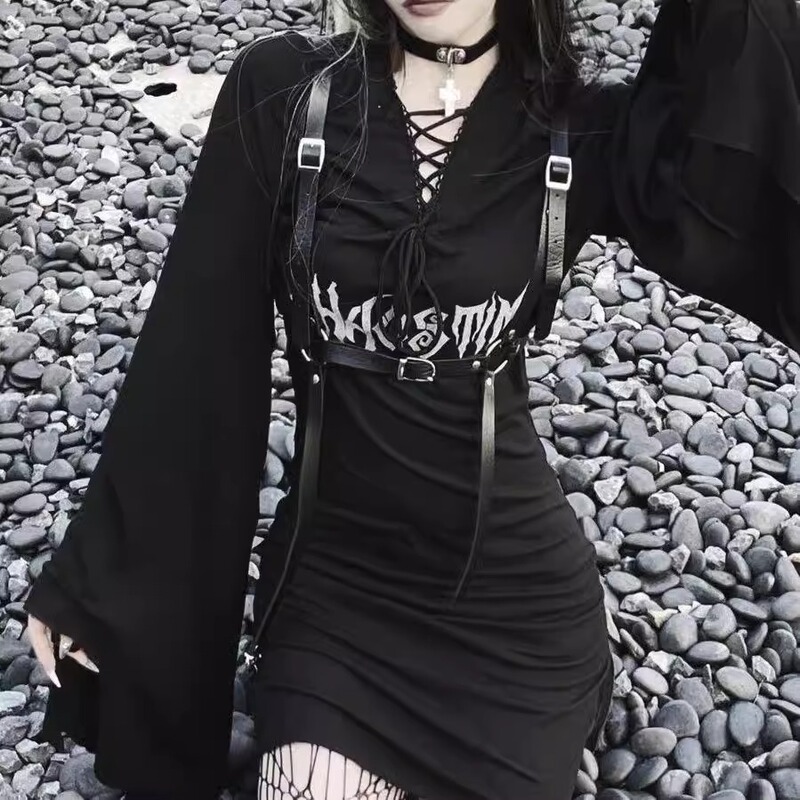 Plus-Size Subculture Gothic Rock Punk Y2K Millennial Hottie Yabi V-Neck Asymmetrical Dress Women's Bodycon Skirt