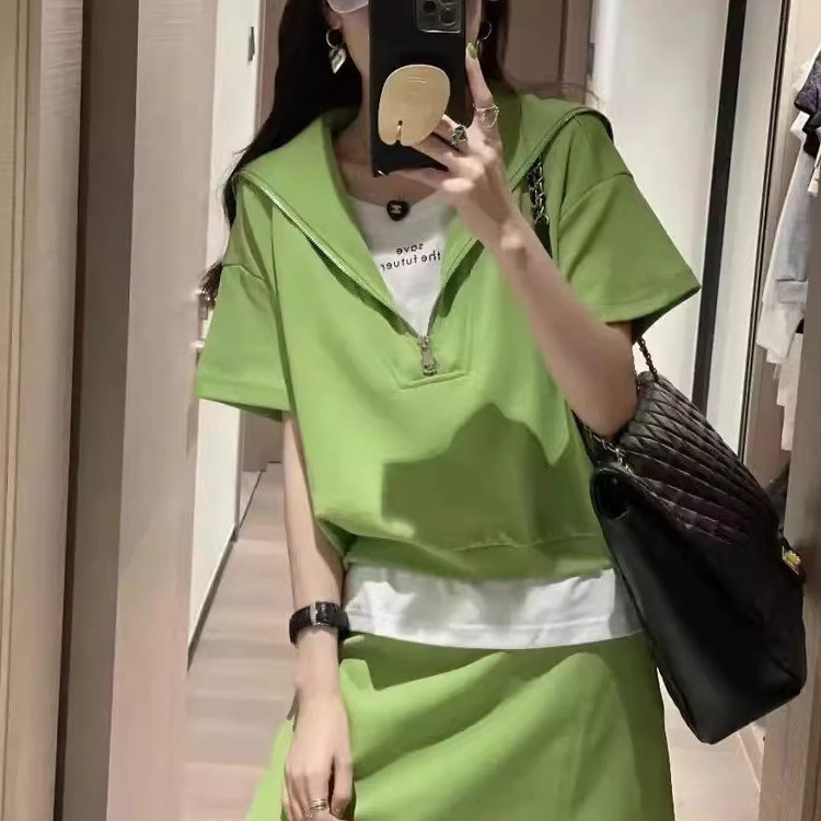 150kg Fashionable Age-Reducing Casual Sports Skirt Suit for Women 2025 New Short-Sleeved Plus Size Two-Piece Trendy Set