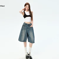 Джинсовые летние штаны подходит для мужчин и женщин для отдыха, в американском стиле, свободный крой