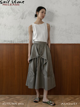 soil stone high-quality cotton high-waist A-line stitching skirt khaki green lace-up design skirt