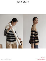 soil stone classic comeback Irregular stripe color-blocking fruit button merino wool sweater two-color