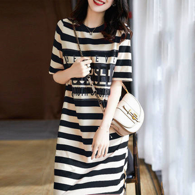 Sandro Moscoloni striped T-shirt dress woman 2022 Summer loose medium long version printed short sleeve foreign dress