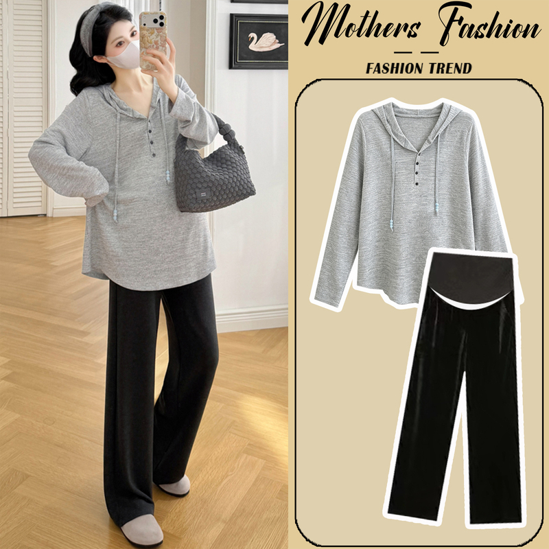 Maternity Suit Spring and Autumn 2026 New Korean Style Pregnancy Outfit Casual Gray Hooded Sweatshirt and Pants Two-Piece Set for Women Maternity Suit Spring and Autumn 2026 New Korean Style Pregnancy Outfit Casual Gray Hooded Sweatshirt and Pants Two-Piece Set for Women