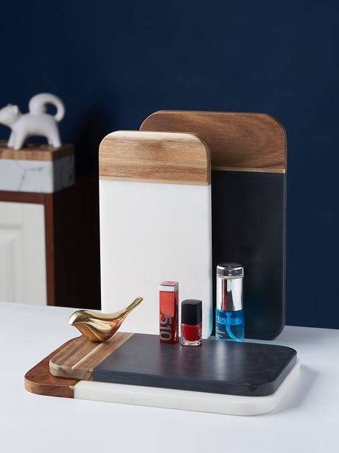 Light luxury copper strip splicing solid wood pallet sample room marble tray natural rock matte black flat plate western dining tray