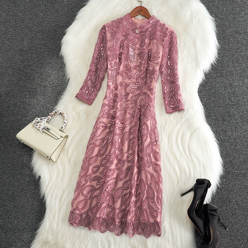 Элитное осеннее ретро платье, элегантные кружевные блестки для ногтей, европейский стиль, легкий роскошный стиль, длина миди, А-силуэт