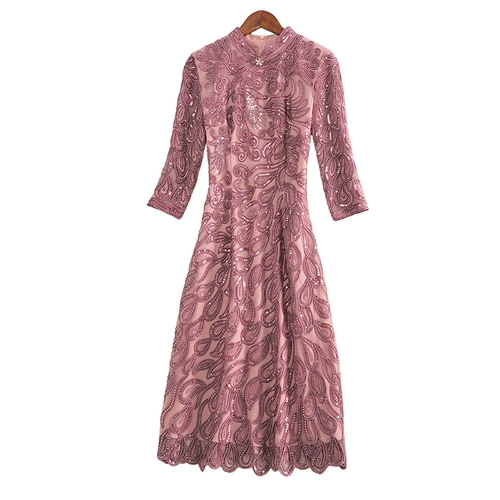 Элитное осеннее ретро платье, элегантные кружевные блестки для ногтей, европейский стиль, легкий роскошный стиль, длина миди, А-силуэт