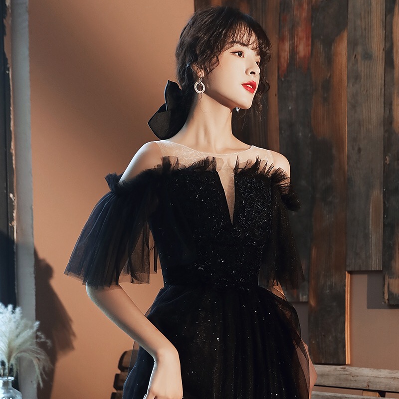 Evening dress, black skirt, bright catchy style