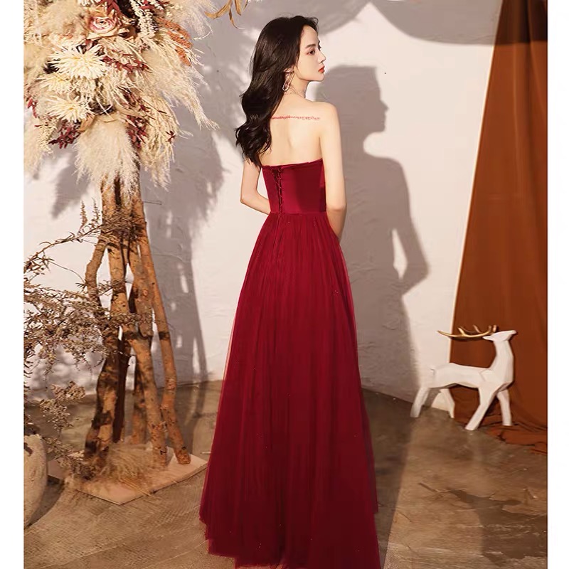 Evening dress, burgundy tube top, 2021 collection, fitted Evening dress, burgundy tube top, 2021 collection, fitted