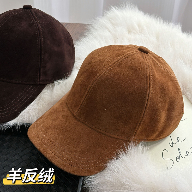Sheep Suede Genuine Leather Baseball Cap for Autumn and Winter, Unisex, Large Head Circumference, Makes Face Look Smaller, First Layer Sheepskin Duckbill Cap