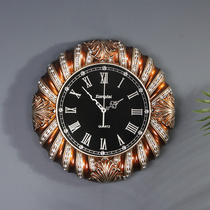 American decoration wall clock Fashion diamond-set silent watch Bronze leaf wall clock Living room wall clock Wall decoration