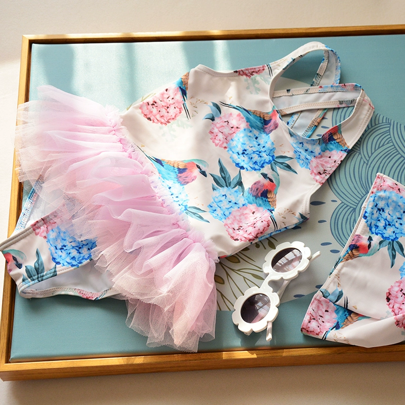 áo gió trẻ em hoa cẩm tú cầu áo tắm cô gái công chúa váy một mảnh dễ thương áo tắm sợi Hàn Quốc - Bộ đồ bơi của Kid
