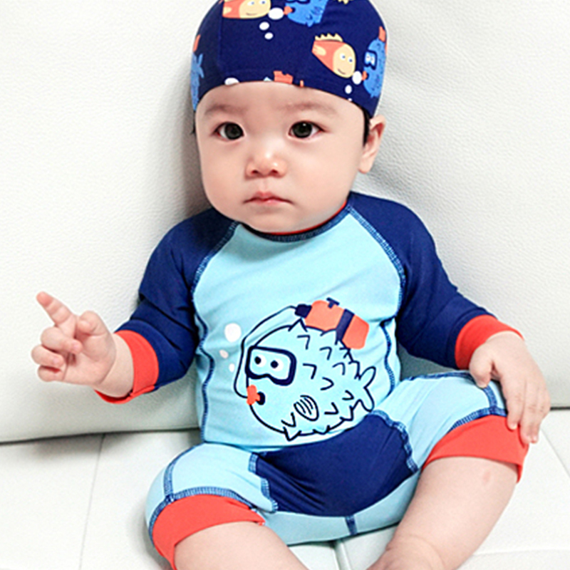 Children's swimsuit boy with sun cartoon kid long sleeve boy cute fish baby swimsuit