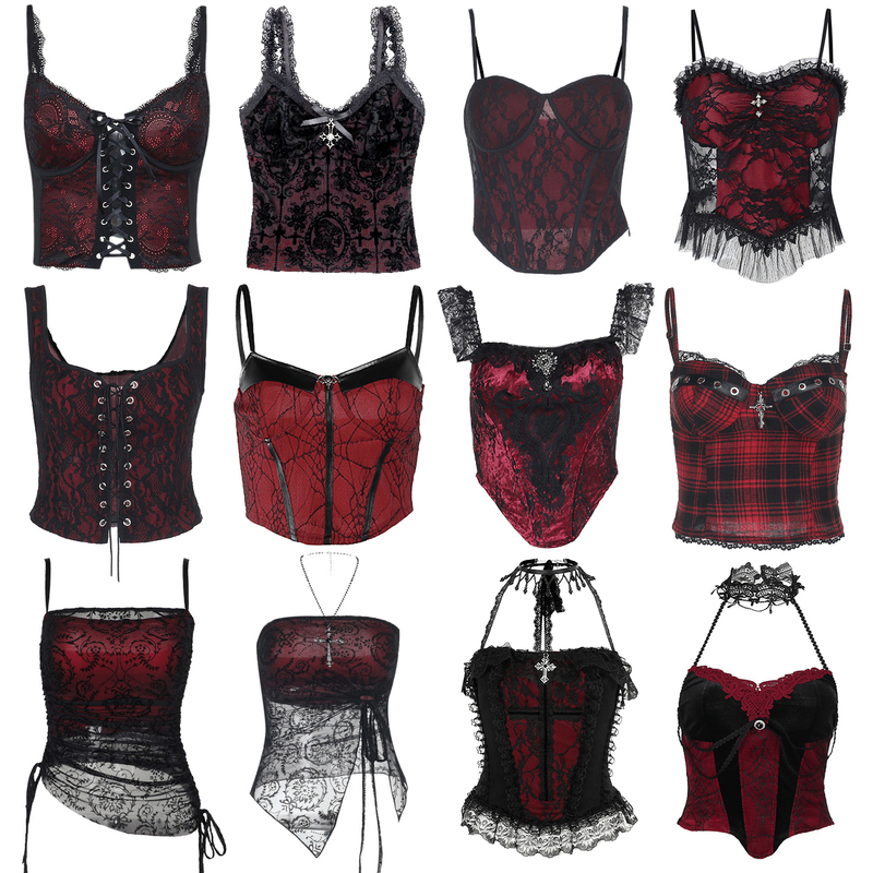 Spicy Girl Sexy Camisole for Women, Gothic Dark Style, Red Short Lace Tube Top, Unique Top