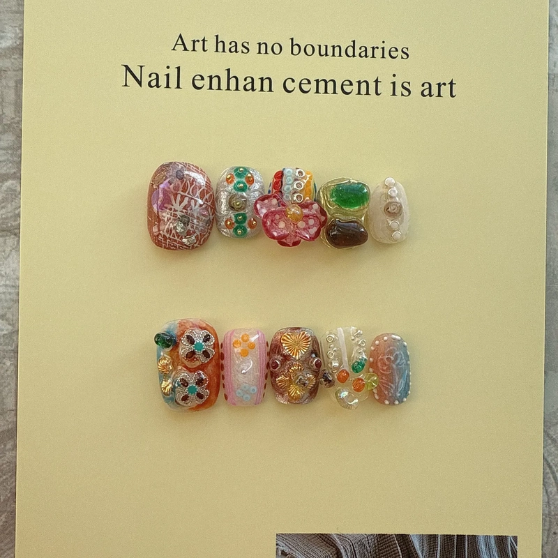 B0066~Vintage Gemstone Spring/Summer Niche Artistic Colorful High-End Personalized Short Handmade Wearable Nails