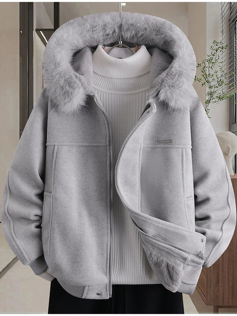 Winter New Style Hooded Large Fur Collar Fleece-Lined Thick Woolen Coat for Men and Teenagers, Slim Fit Warm Woolen Jacket