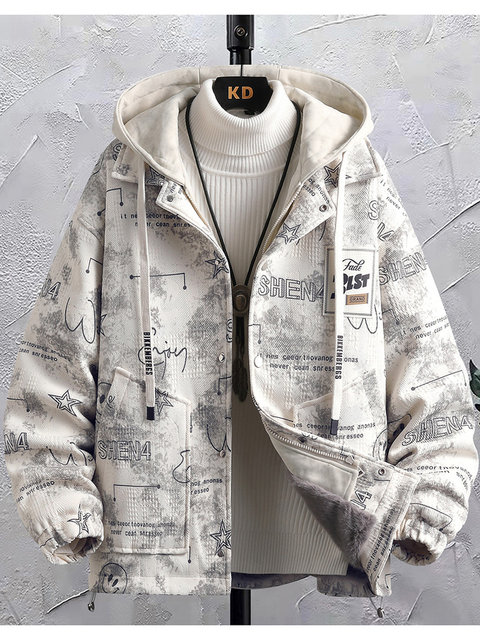 Winter New Style Fleece-Lined Thick Woolen Coat for Teenagers, Trendy Faux Two-Piece Jacket, Stylish Loose-Fit Men's Cotton Clothing