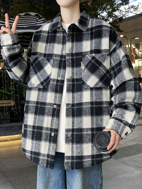 Cotton-Padded Thick Plaid Long-Sleeved Jacket for Boys, New Winter Style Trendy Student Loose Plaid Casual Warm Top