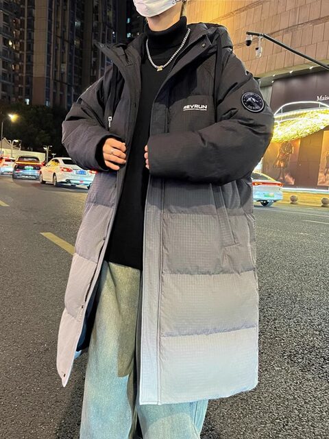 Teenagers' Tall Mid-Length Over-The-Knee down Jacket for Boys, Gradient Color, White Duck Down, Thickened Winter Hooded Coat