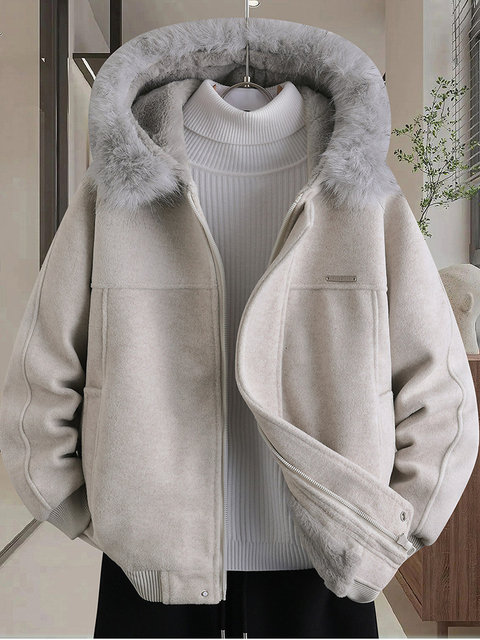 Winter New Style Hooded Large Fur Collar Fleece-Lined Thick Woolen Coat for Men and Teenagers, Slim Fit Warm Woolen Jacket