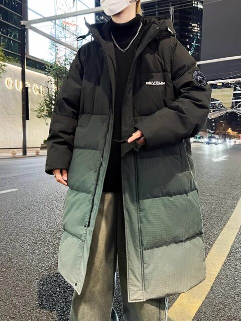 Teenagers' Tall Mid-Length Over-The-Knee down Jacket for Boys, Gradient Color, White Duck Down, Thickened Winter Hooded Coat