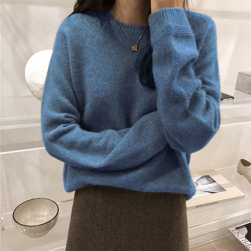 Solid Color Wool Sweater, Korean Style Round Neck Knitwear, Autumn and Winter Loose Solid Color Lazy Soft Sweater, Women's Base Layer Shirt Solid Color Wool Sweater, Korean Style Round Neck Knitwear, Autumn and Winter Loose Solid Color Lazy Soft Sweater, Women's Base Layer Shirt