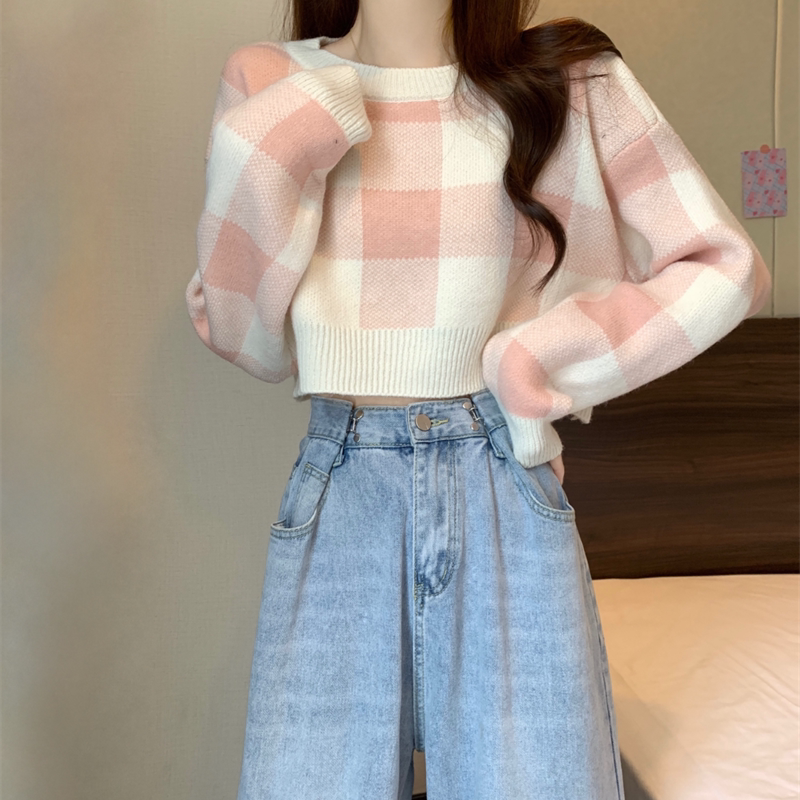 2025 Autumn New Style Petite Outfit Long Sleeve Knit Top Short Sweater Women's Fashionable Plaid Base Shirt 2025 Autumn New Style Petite Outfit Long Sleeve Knit Top Short Sweater Women's Fashionable Plaid Base Shirt