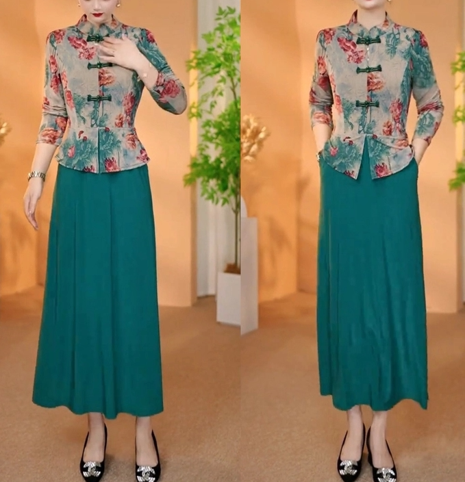 Spring and Autumn New Style Long-Sleeved Six-Button Fake Two-Piece Dress for 40-Year-Olds, Plus Size, Slimming, Mid-Length, Loose Skirt