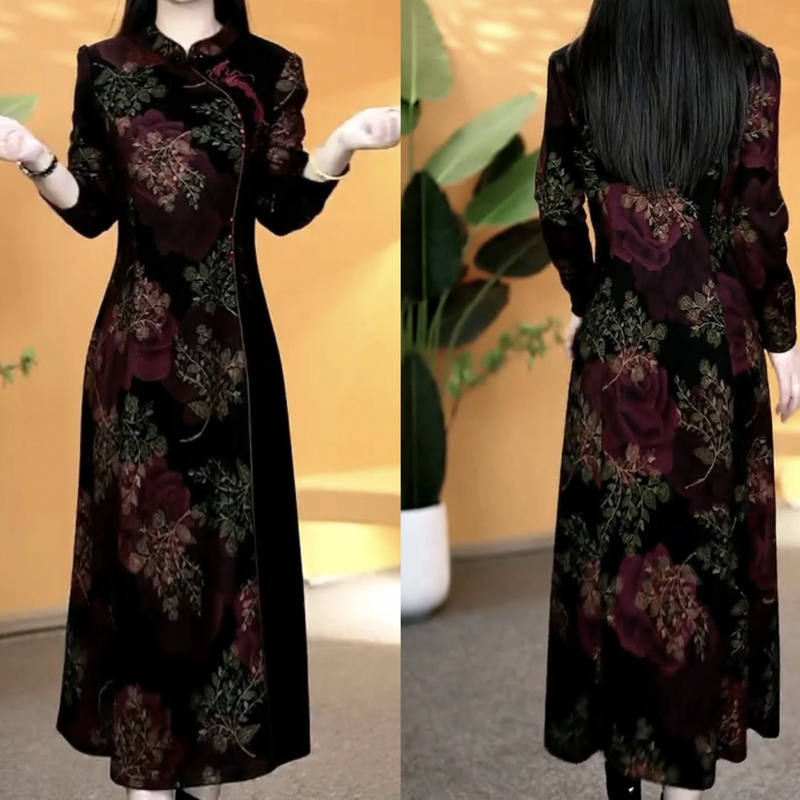 Spring and Autumn Long-Sleeved Dress, New Fashion Retro Gold-Stamped Heavy Embroidery Improved Cheongsam Dress, Mid-Length over the Knee Spring and Autumn Long-Sleeved Dress, New Fashion Retro Gold-Stamped Heavy Embroidery Improved Cheongsam Dress, Mid-Length over the Knee