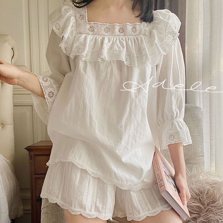 Sweet Pure Cotton Pajamas for Women, Summer Two-Piece Set, Cute Palace Style, All-Cotton Square Neck Lace Loungewear, Short-Sleeved Set for Outerwear