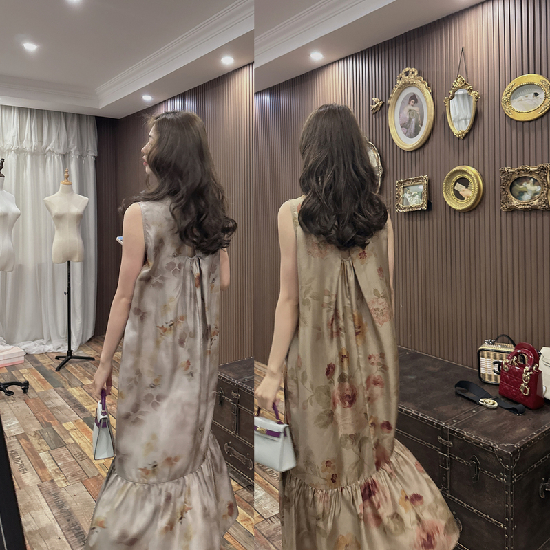 Tibelin's New High-End Old Money Style Summer 100% Mulberry Silk Twill Double-Sided Printed Long Casual Dress
