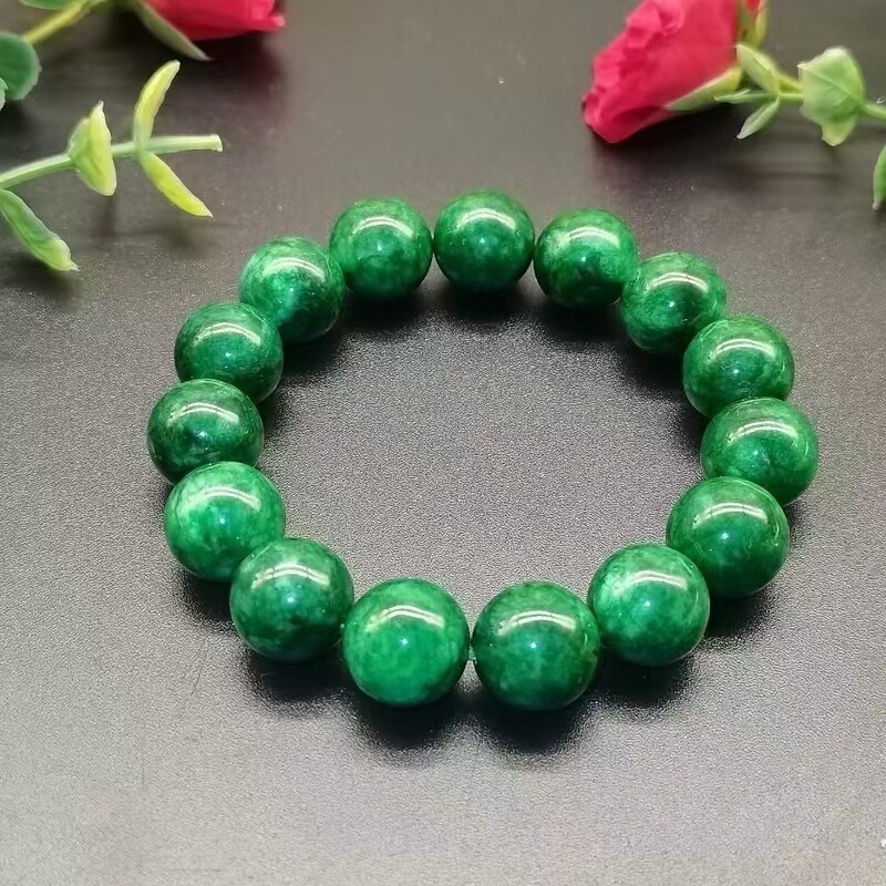 Popular Imitation Jade Dry Green Iron Dragon Jade Round Bead Bracelet for Men and Women, Light Green Floral Green Bracelet Wholesale