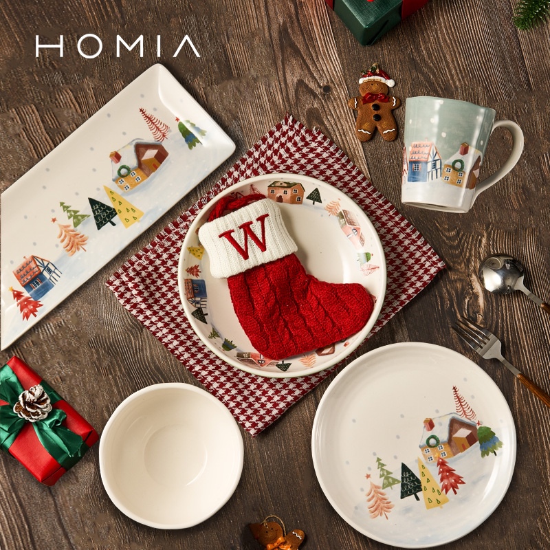 Homia Nordic Town Ceramic Tableware Soup Noodle Bowl Plate Mug Christmas Ritual Bowl and Plate Set for Home Use