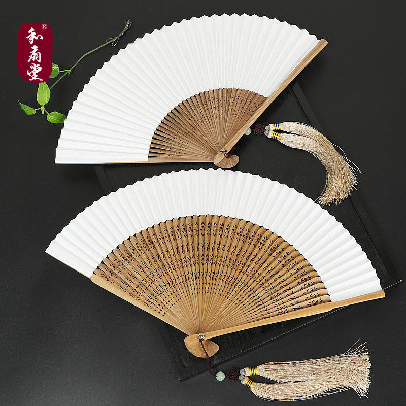 Day style and wind Chinese wind male bamboo handle folding fan 6 inch bifacial stringing parchment paper fan empty white calligraphy work stroke