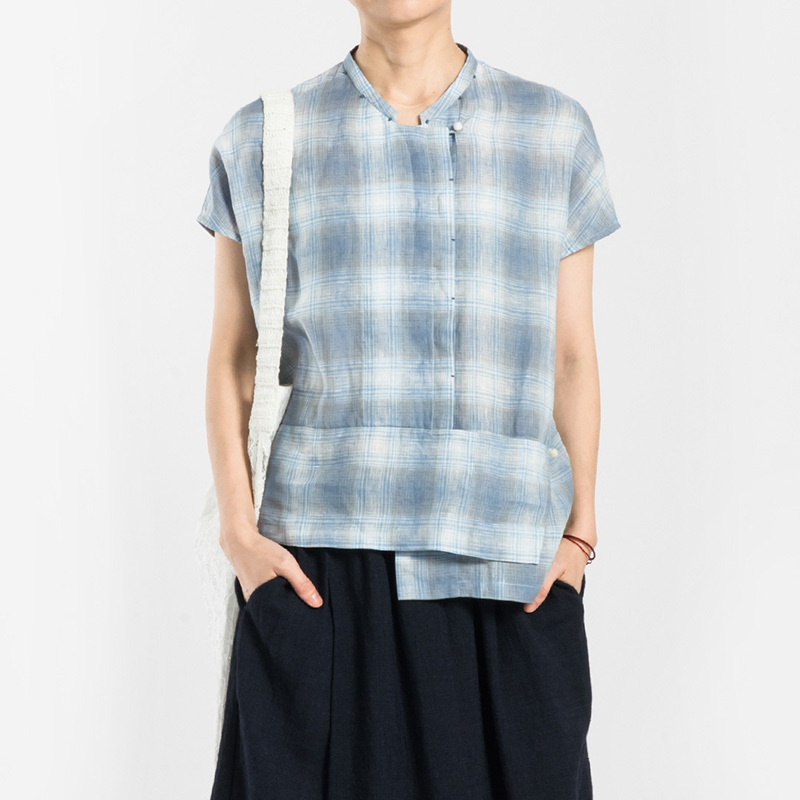 Urbantribe2026 Summer Women's Linen Yarn-Dyed Plaid Stand Collar Cardigan Cf39252